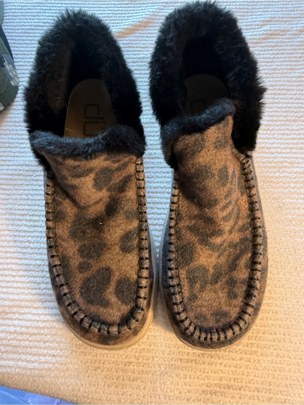 Hey Dude Denny Women's Fuzzy Leopard Print Slip-On Flats in Brown and Black